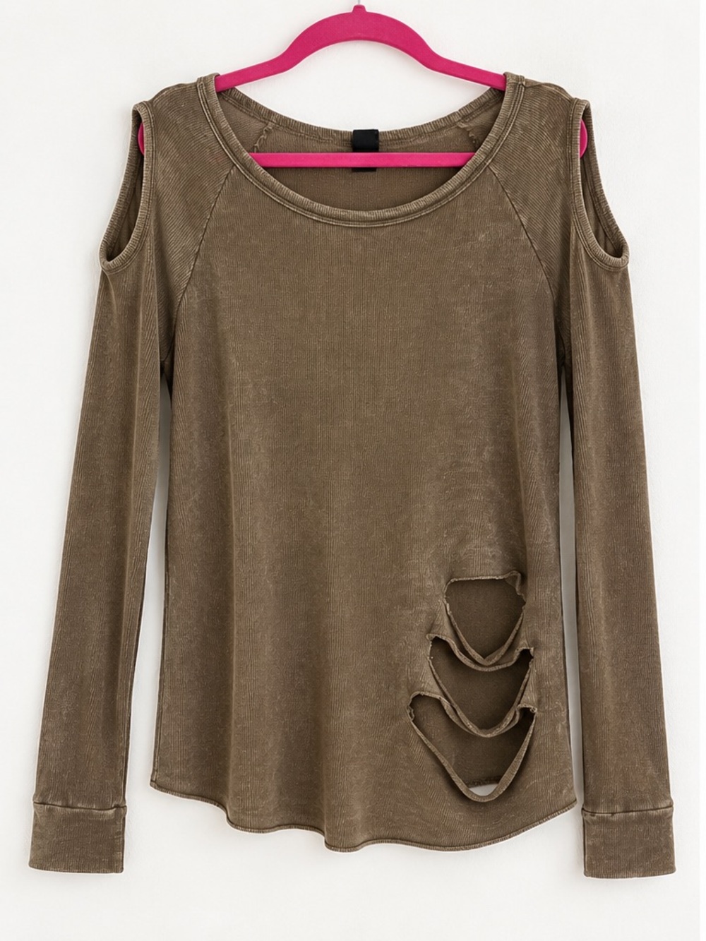 The Classic Olive Cold-Shoulder Distressed Long Sleeve Top